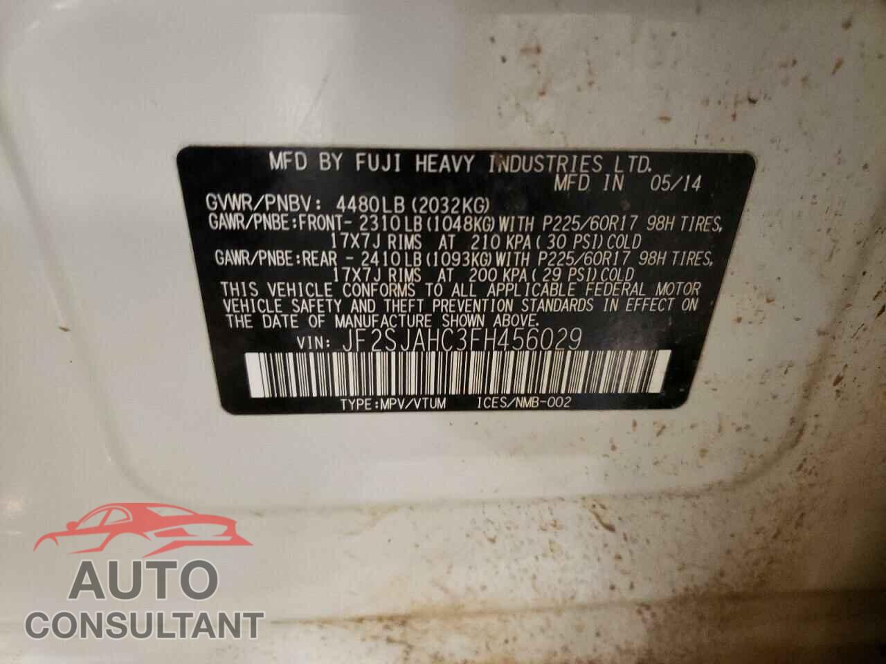 SUBARU FORESTER 2015 - JF2SJAHC3FH456029