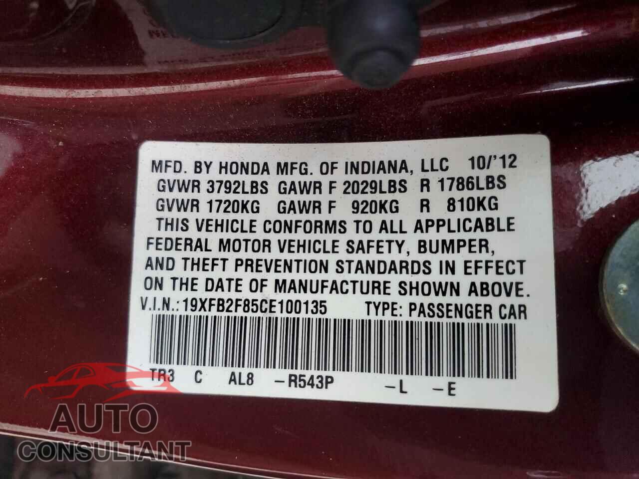 HONDA CIVIC 2012 - 19XFB2F85CE100135