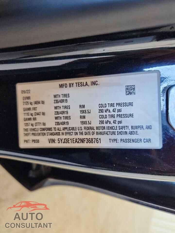 TESLA MODEL 3 2022 - 5YJ3E1EA2NF368761