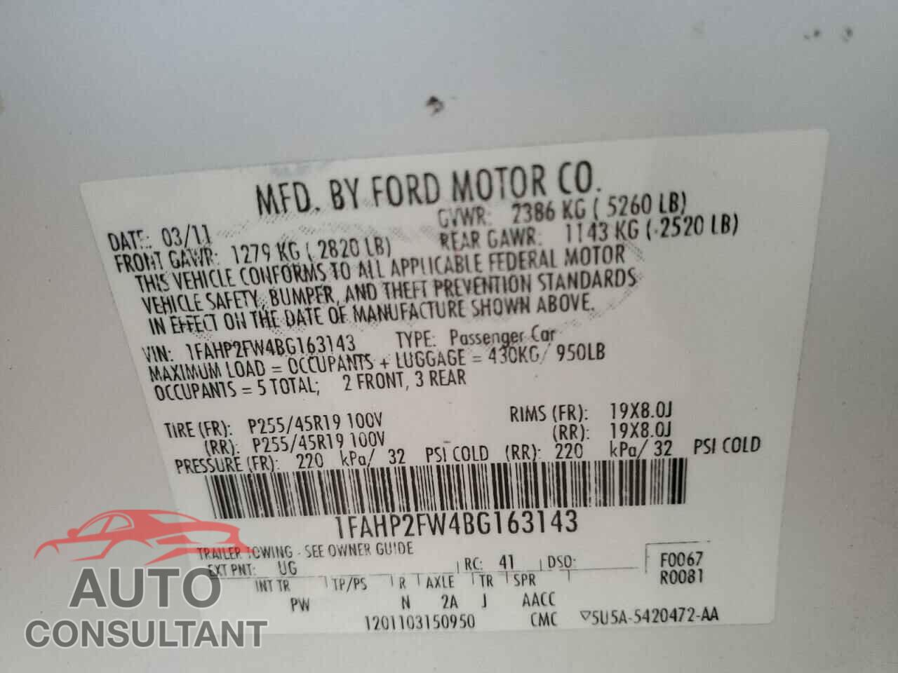 FORD TAURUS 2011 - 1FAHP2FW4BG163143