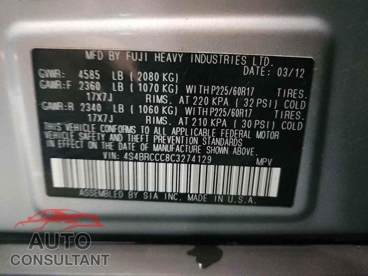 SUBARU OUTBACK 2012 - 4S4BRCCC8C3274129