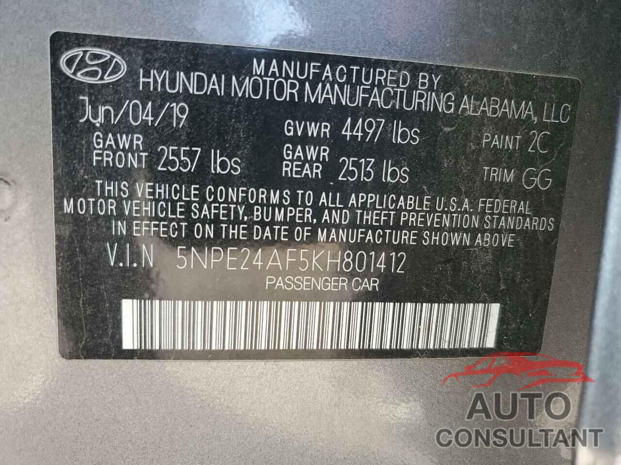 HYUNDAI SONATA 2019 - 5NPE24AF5KH801412