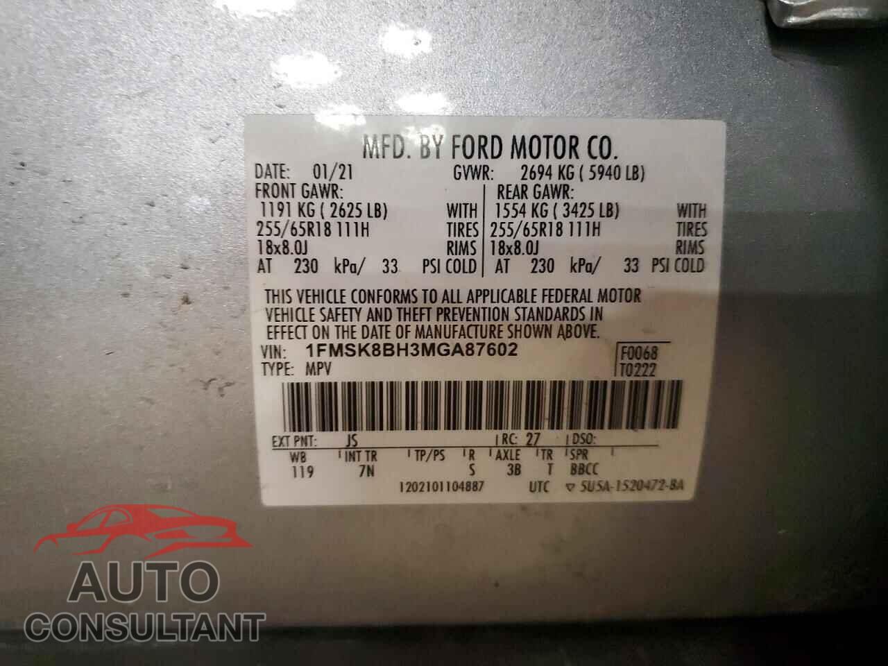 FORD EXPLORER 2021 - 1FMSK8BH3MGA87602