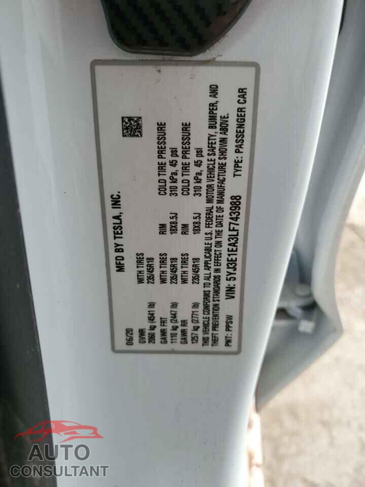 TESLA MODEL 3 2020 - 5YJ3E1EA3LF743988