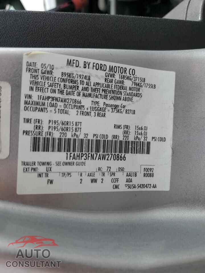 FORD FOCUS 2010 - 1FAHP3FN7AW270866