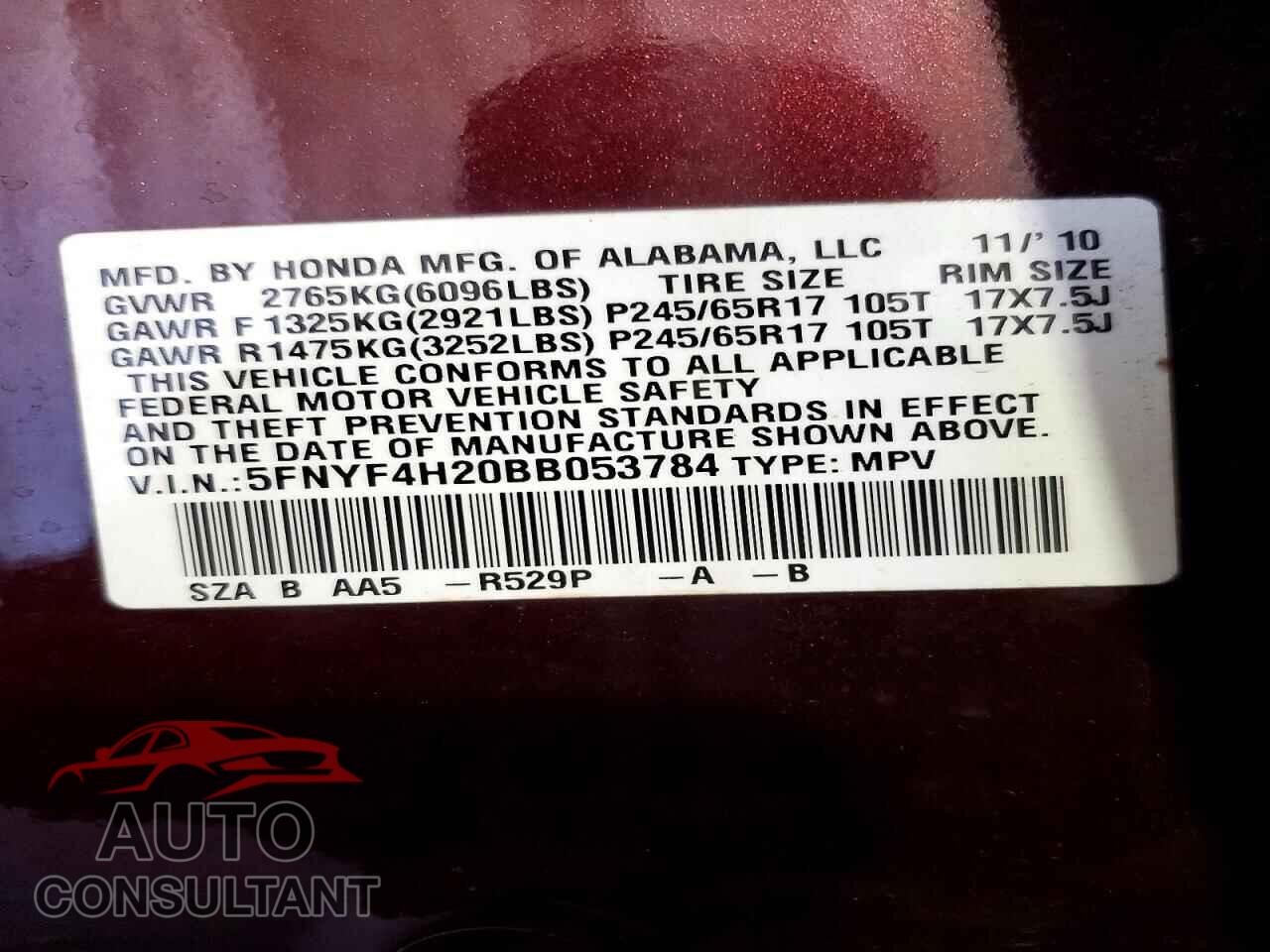 HONDA PILOT 2011 - 5FNYF4H20BB053784
