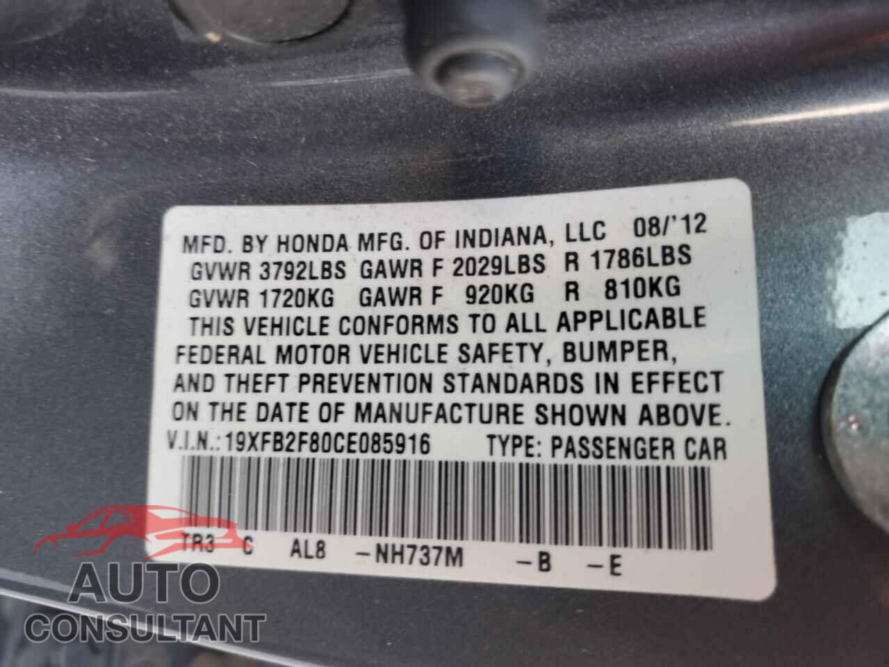 HONDA CIVIC 2012 - 19XFB2F80CE085916
