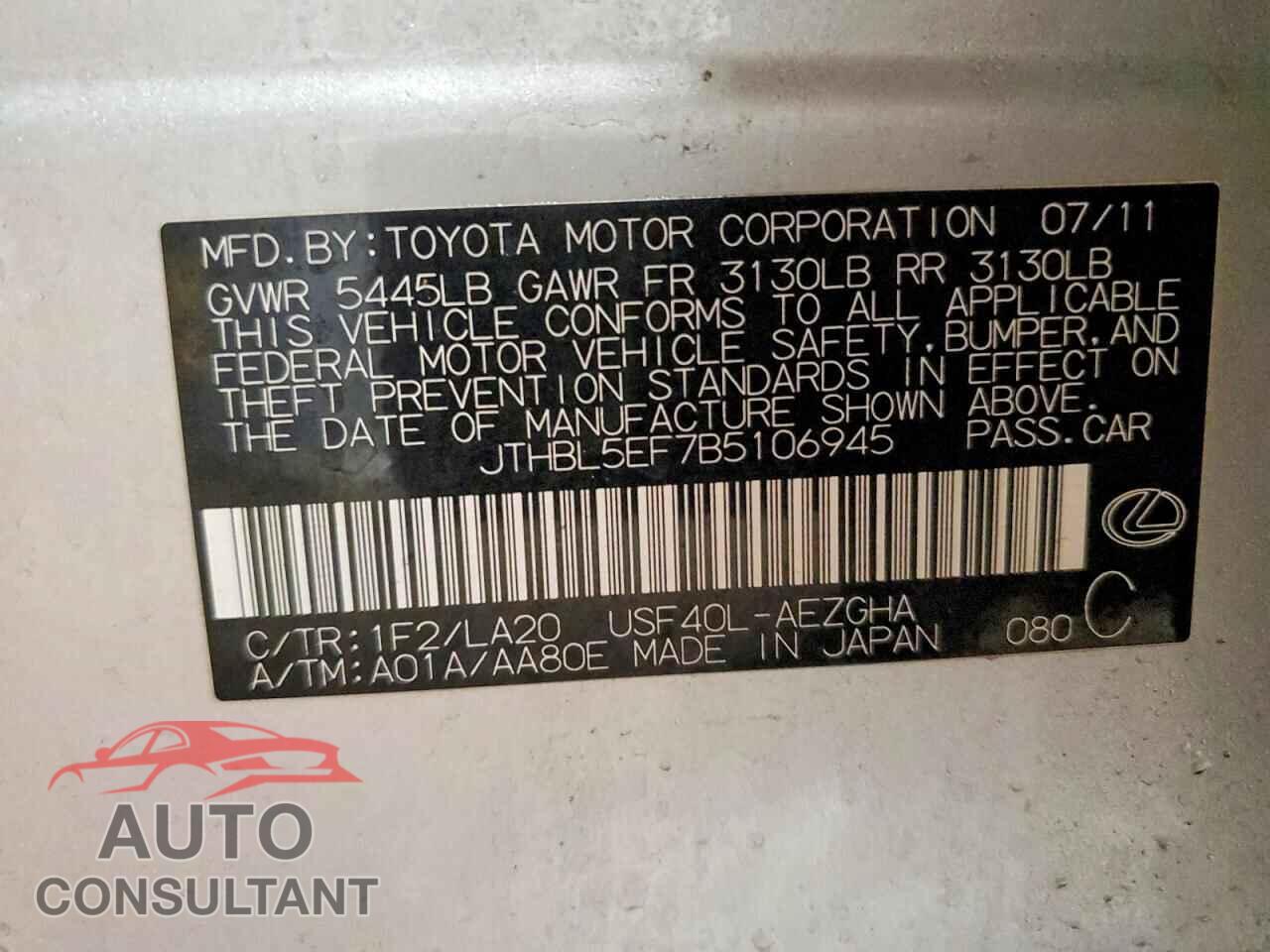 LEXUS LS460 2011 - JTHBL5EF7B5106945