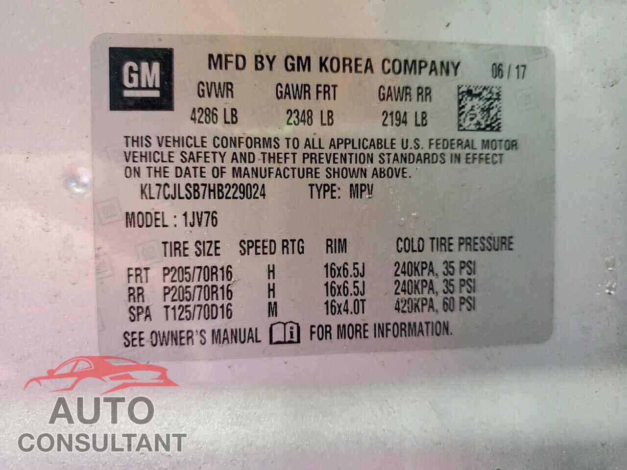 CHEVROLET TRAX 2017 - KL7CJLSB7HB229024