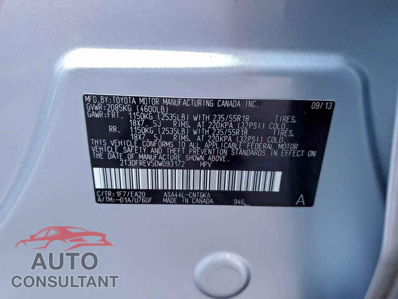 TOYOTA RAV4 2013 - 2T3DFREV5DW093172