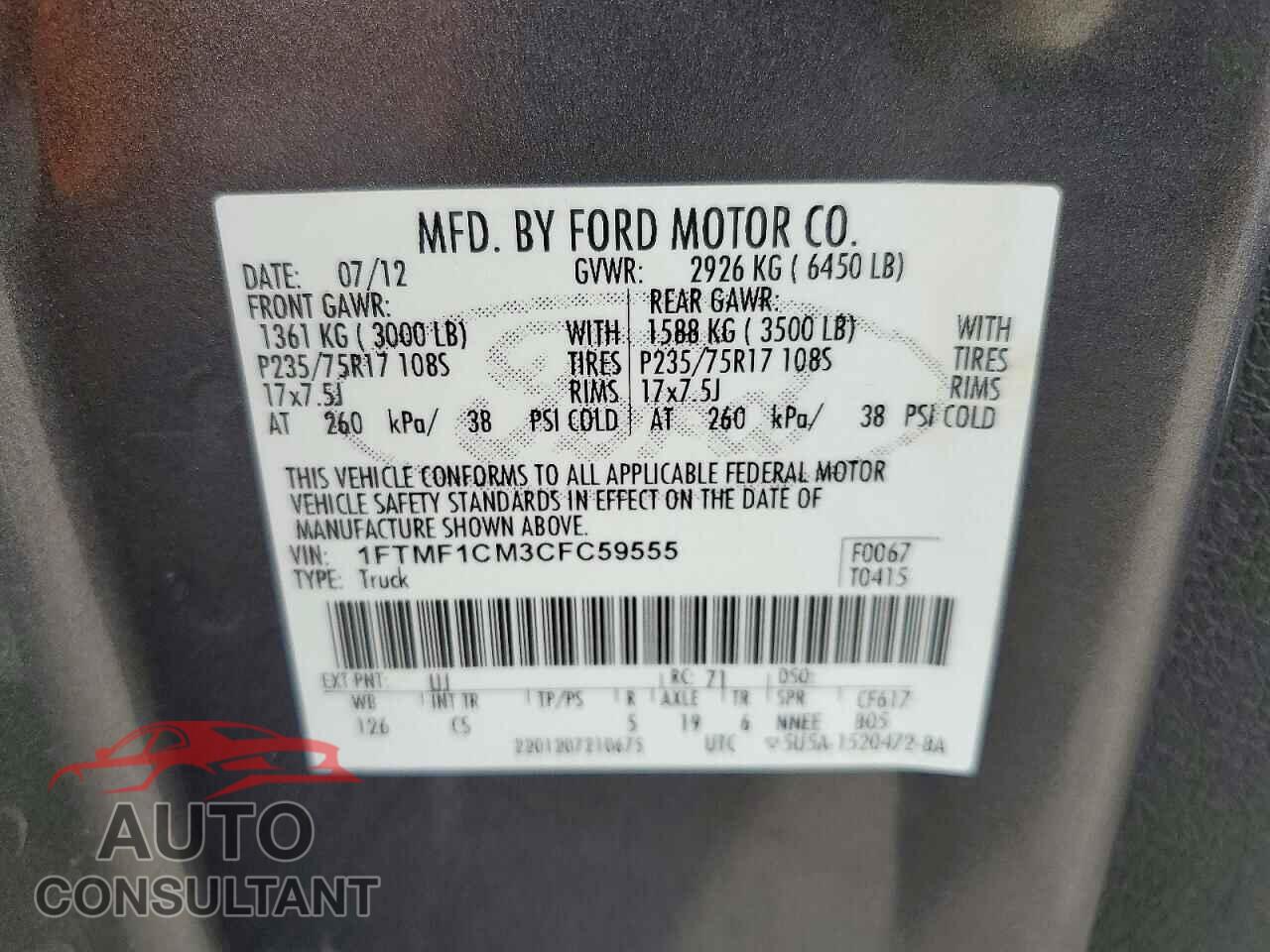 FORD F150 2012 - 1FTMF1CM3CFC59555