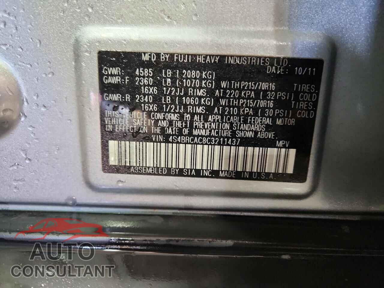 SUBARU OUTBACK 2012 - 4S4BRCAC8C3211437
