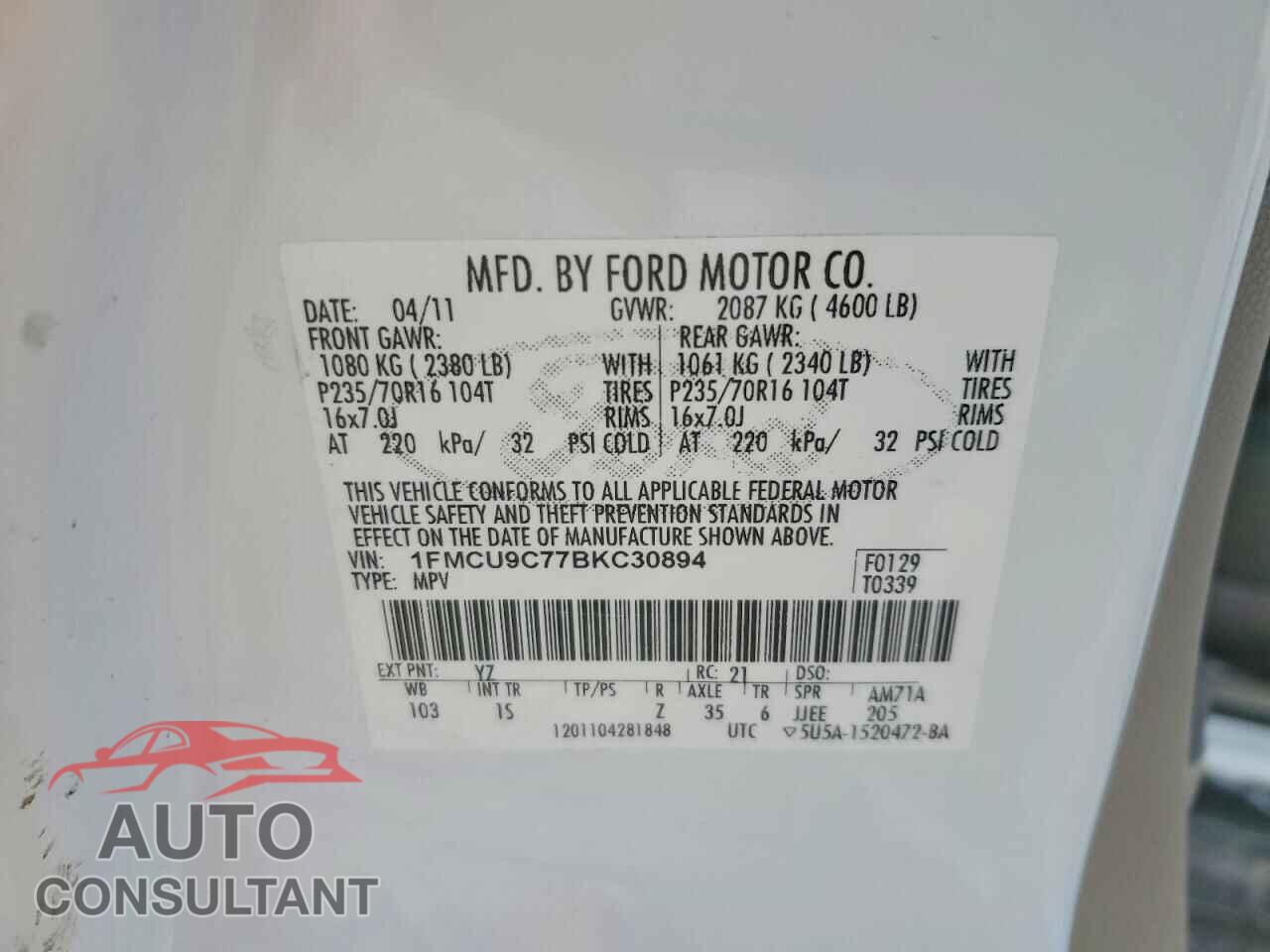 FORD ESCAPE 2011 - 1FMCU9C77BKC30894