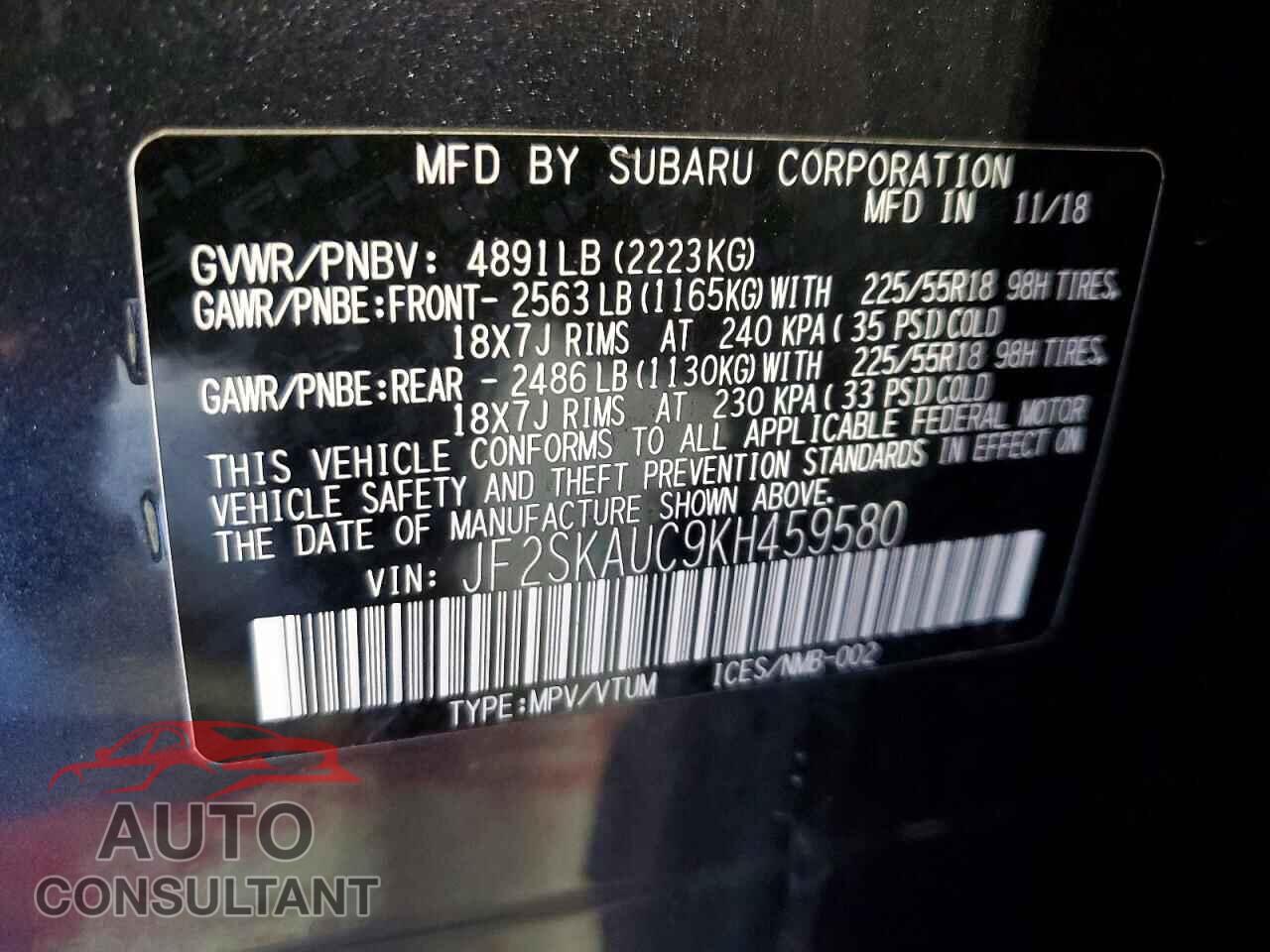 SUBARU FORESTER 2019 - JF2SKAUC9KH459580