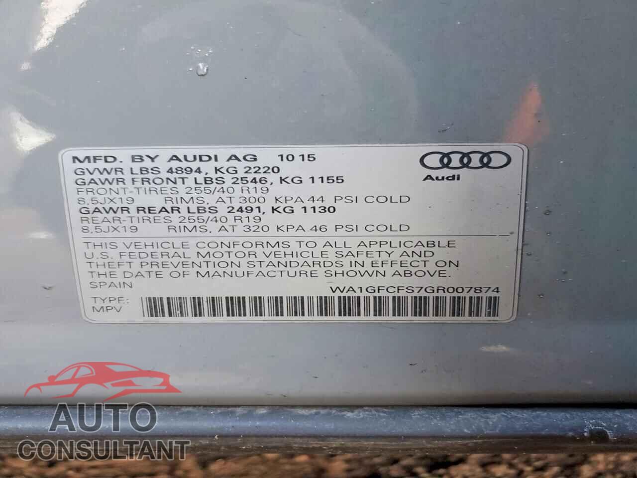 AUDI Q3 2016 - WA1GFCFS7GR007874