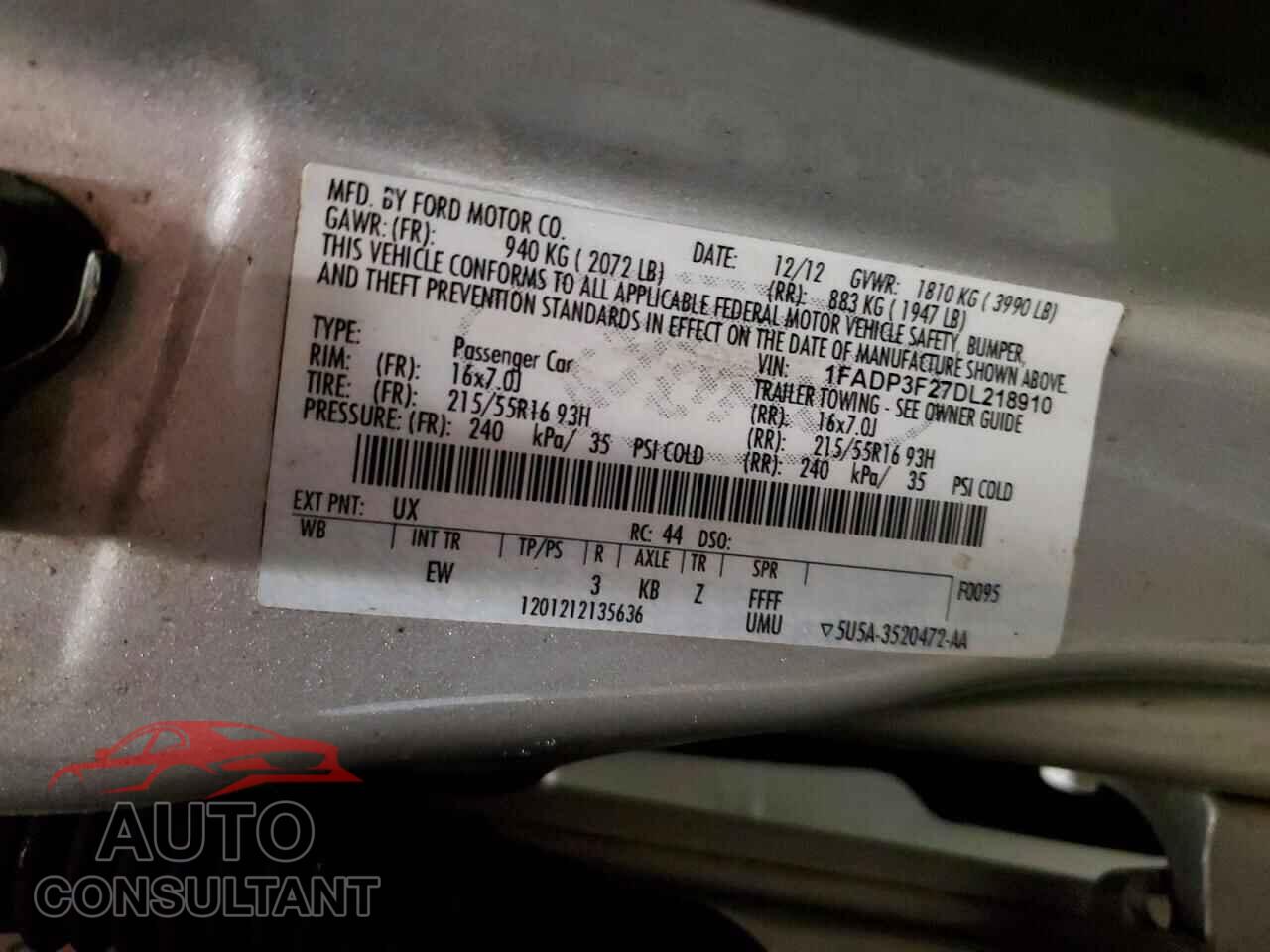 FORD FOCUS 2013 - 1FADP3F27DL218910