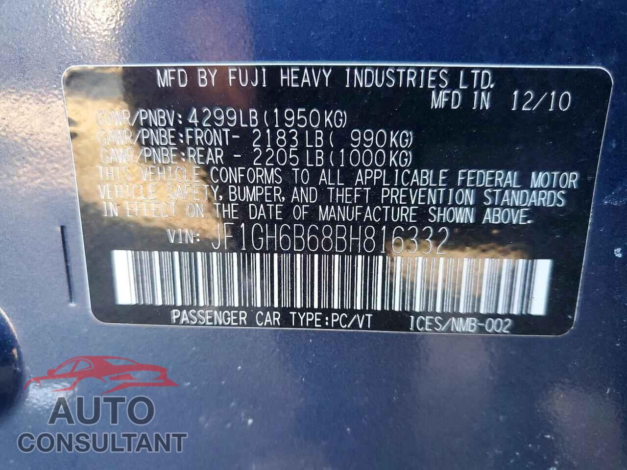 SUBARU IMPREZA 2011 - JF1GH6B68BH816332