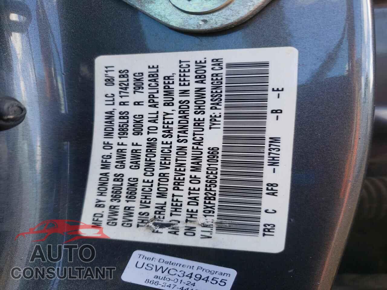 HONDA CIVIC 2012 - 19XFB2F56CE010966