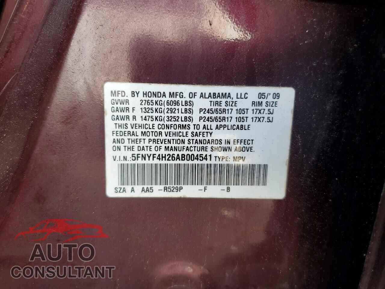 HONDA PILOT 2010 - 5FNYF4H26AB004541