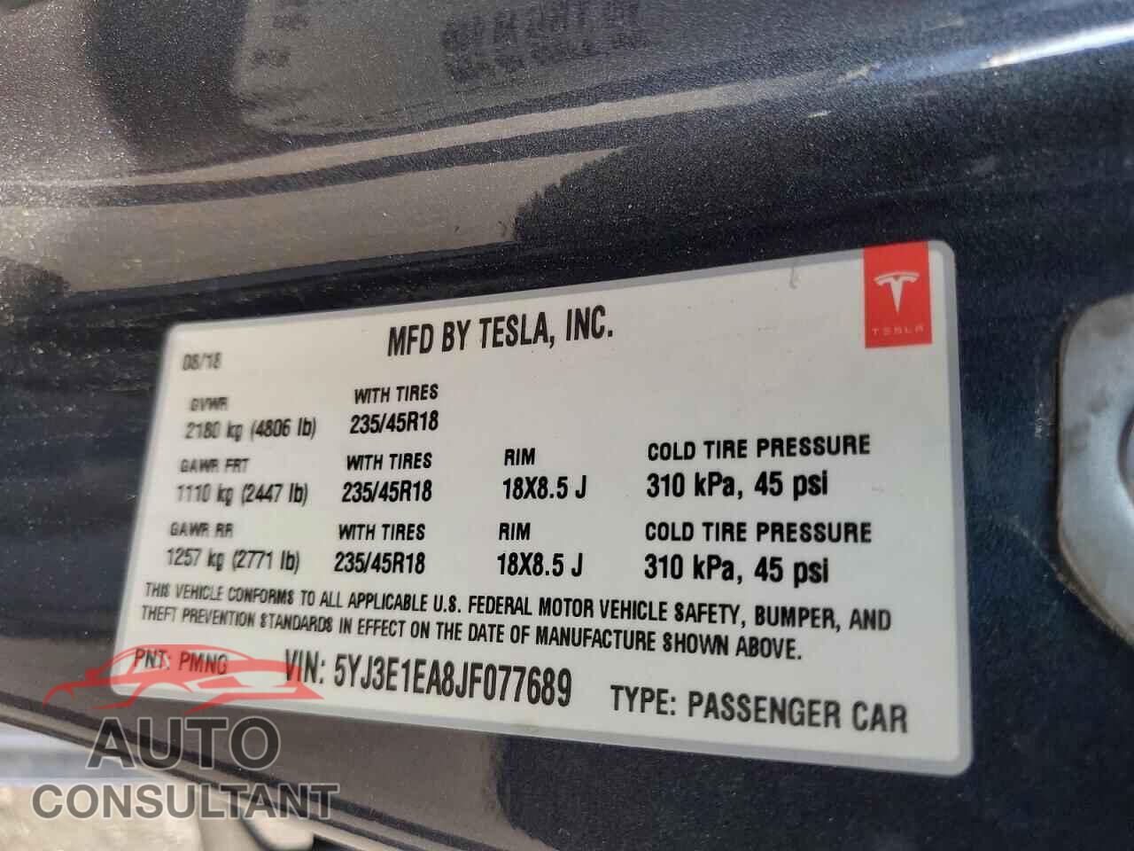 TESLA MODEL 3 2018 - 5YJ3E1EA8JF077689