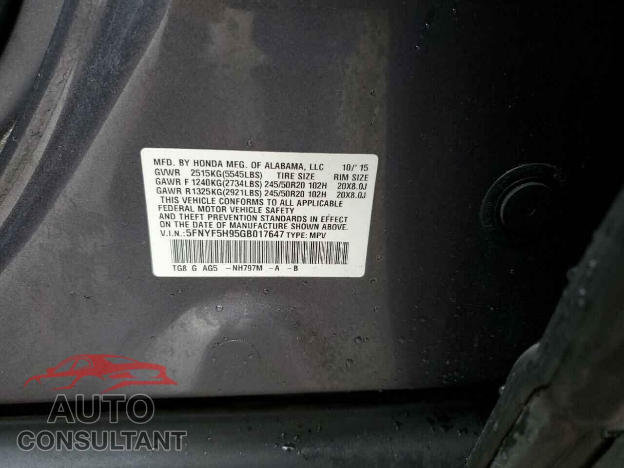 HONDA PILOT 2016 - 5FNYF5H95GB017647