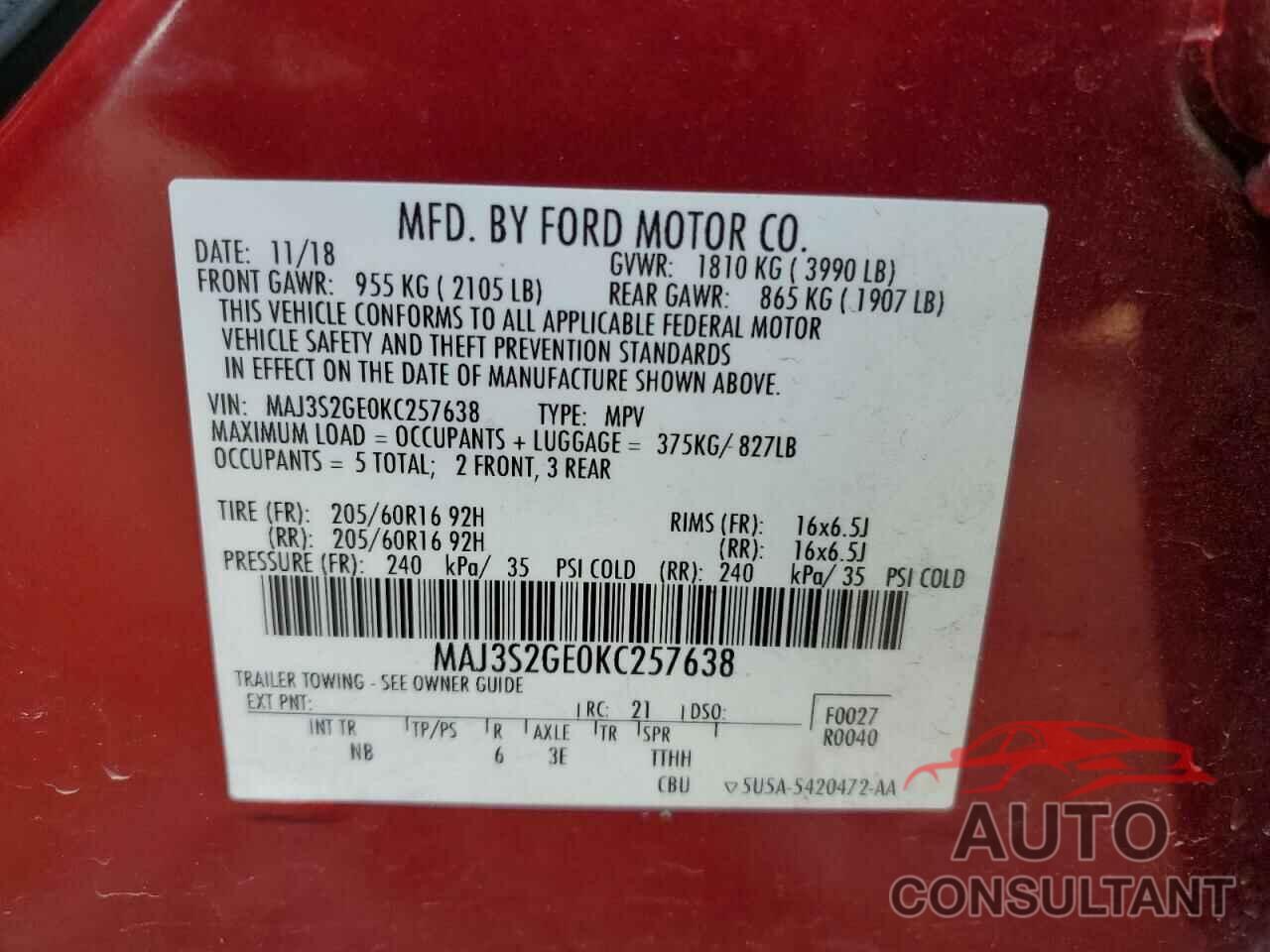 FORD ECOSPORT 2019 - MAJ3S2GE0KC257638