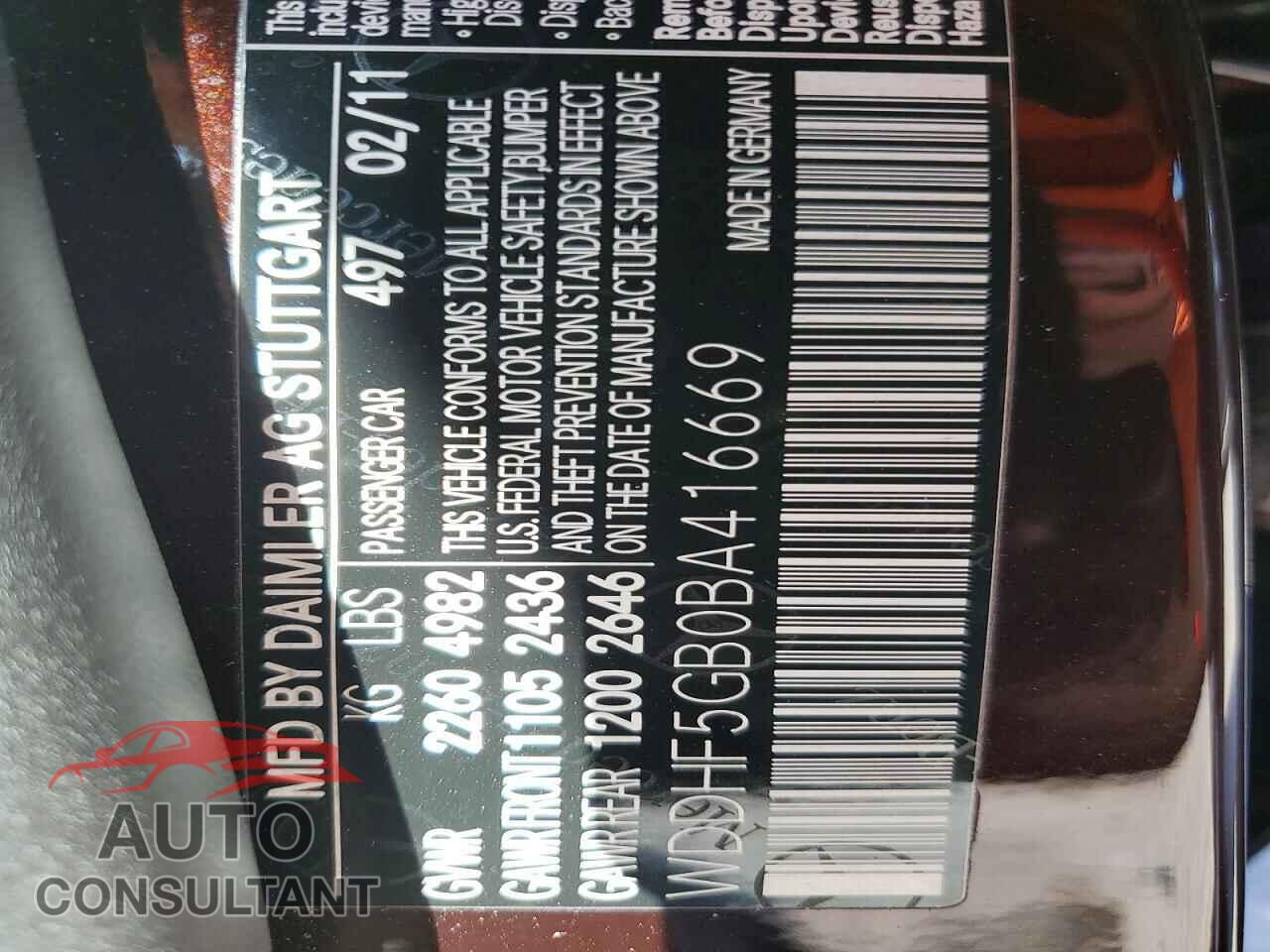 MERCEDES-BENZ E-CLASS 2011 - WDDHF5GB0BA416669