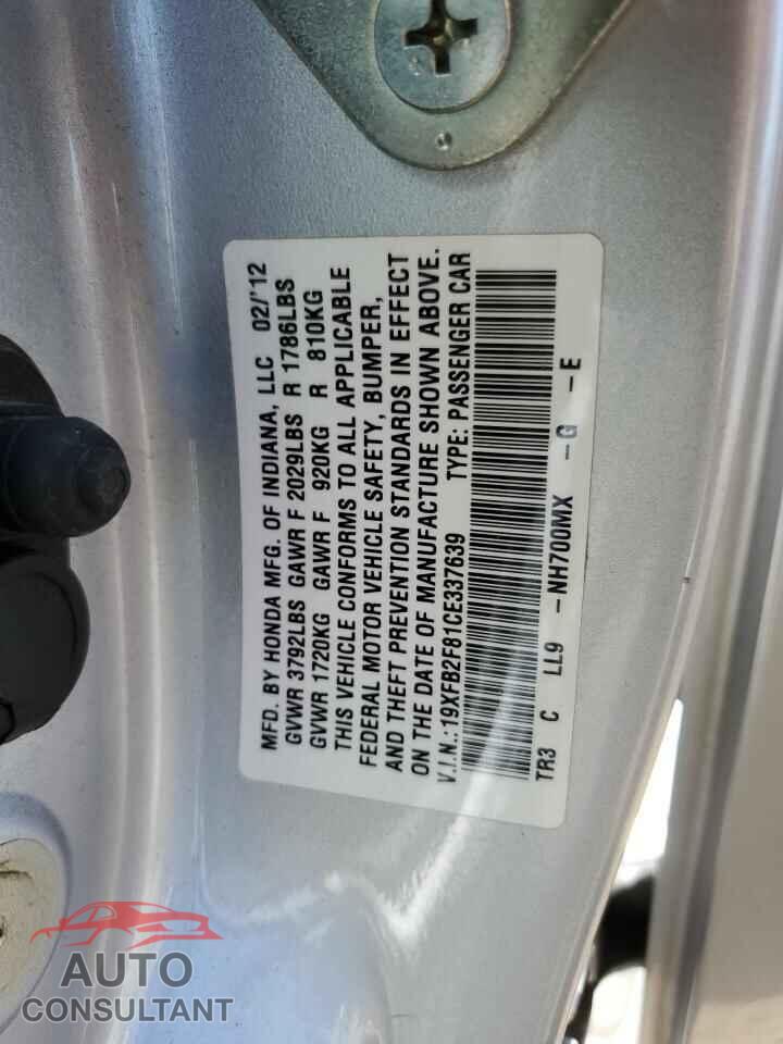 HONDA CIVIC 2012 - 19XFB2F81CE337639