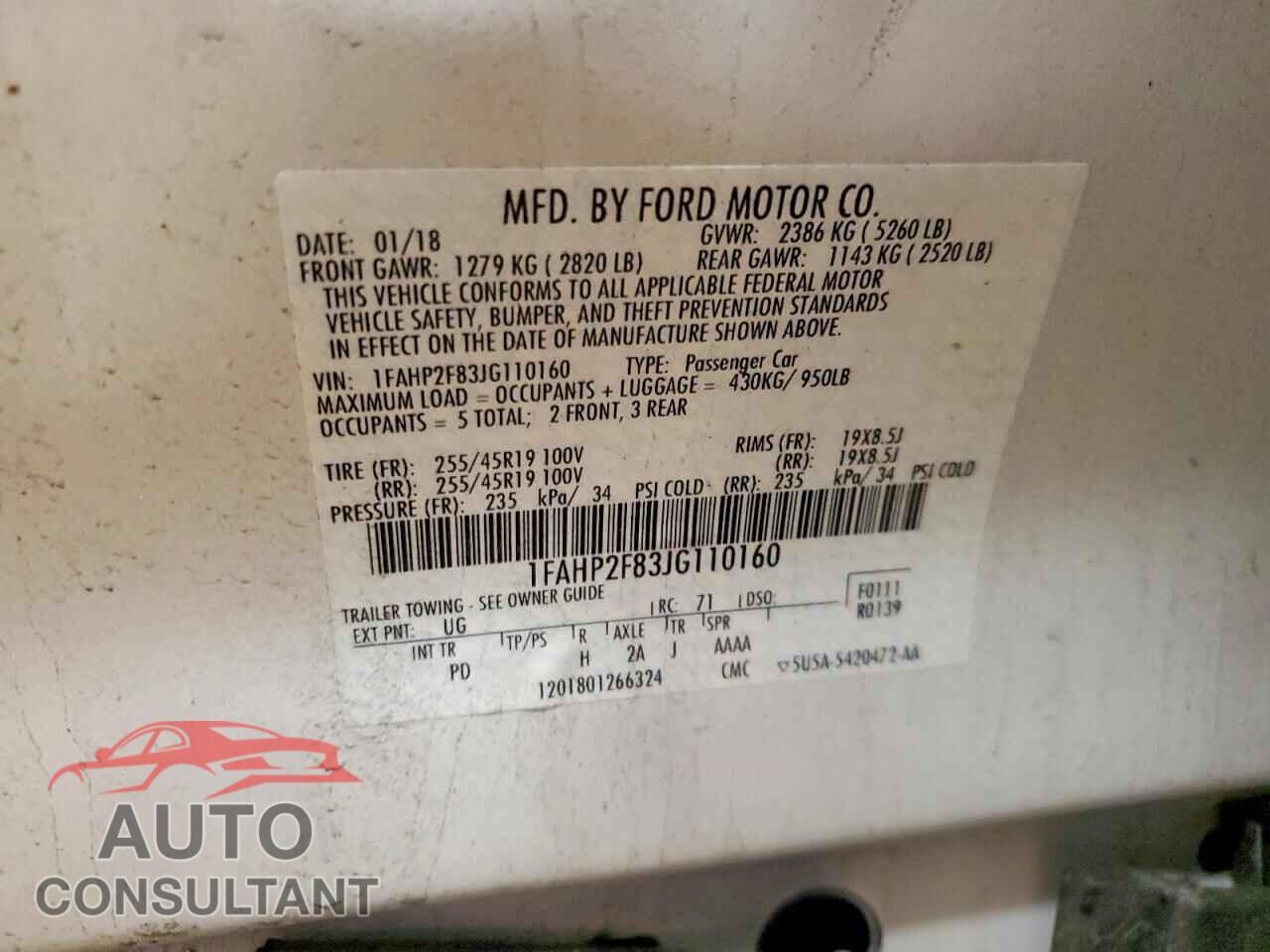FORD TAURUS 2018 - 1FAHP2F83JG110160