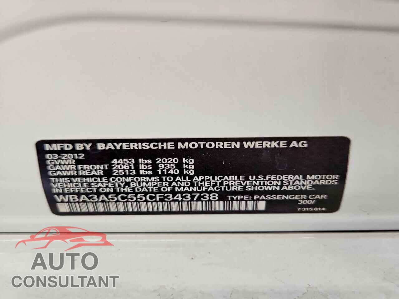 BMW 3 SERIES 2012 - WBA3A5C55CF343738