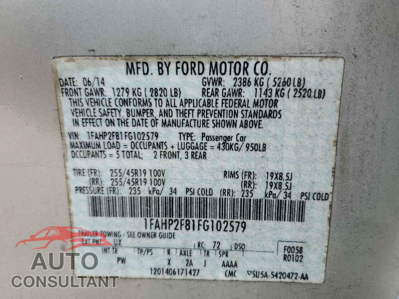 FORD TAURUS 2015 - 1FAHP2F81FG102579