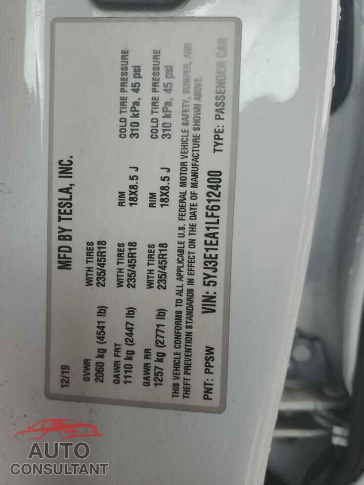 TESLA MODEL 3 2020 - 5YJ3E1EA1LF612400