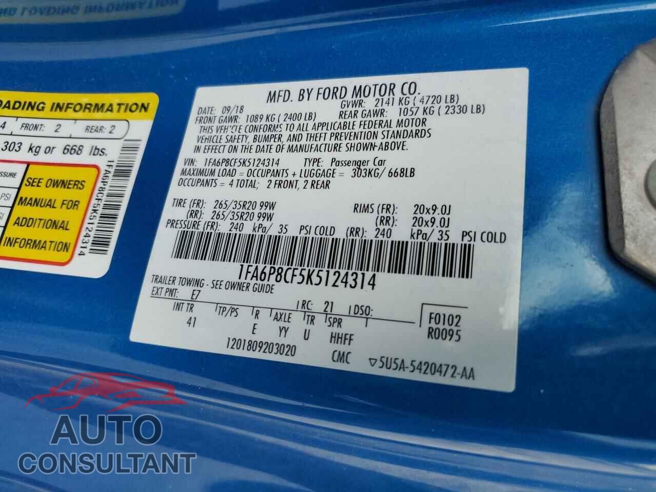 FORD MUSTANG 2019 - 1FA6P8CF5K5124314