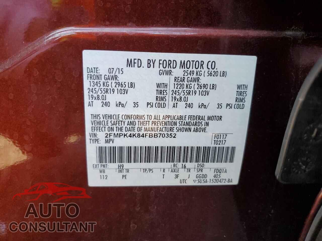 FORD EDGE 2015 - 2FMPK4K84FBB70352
