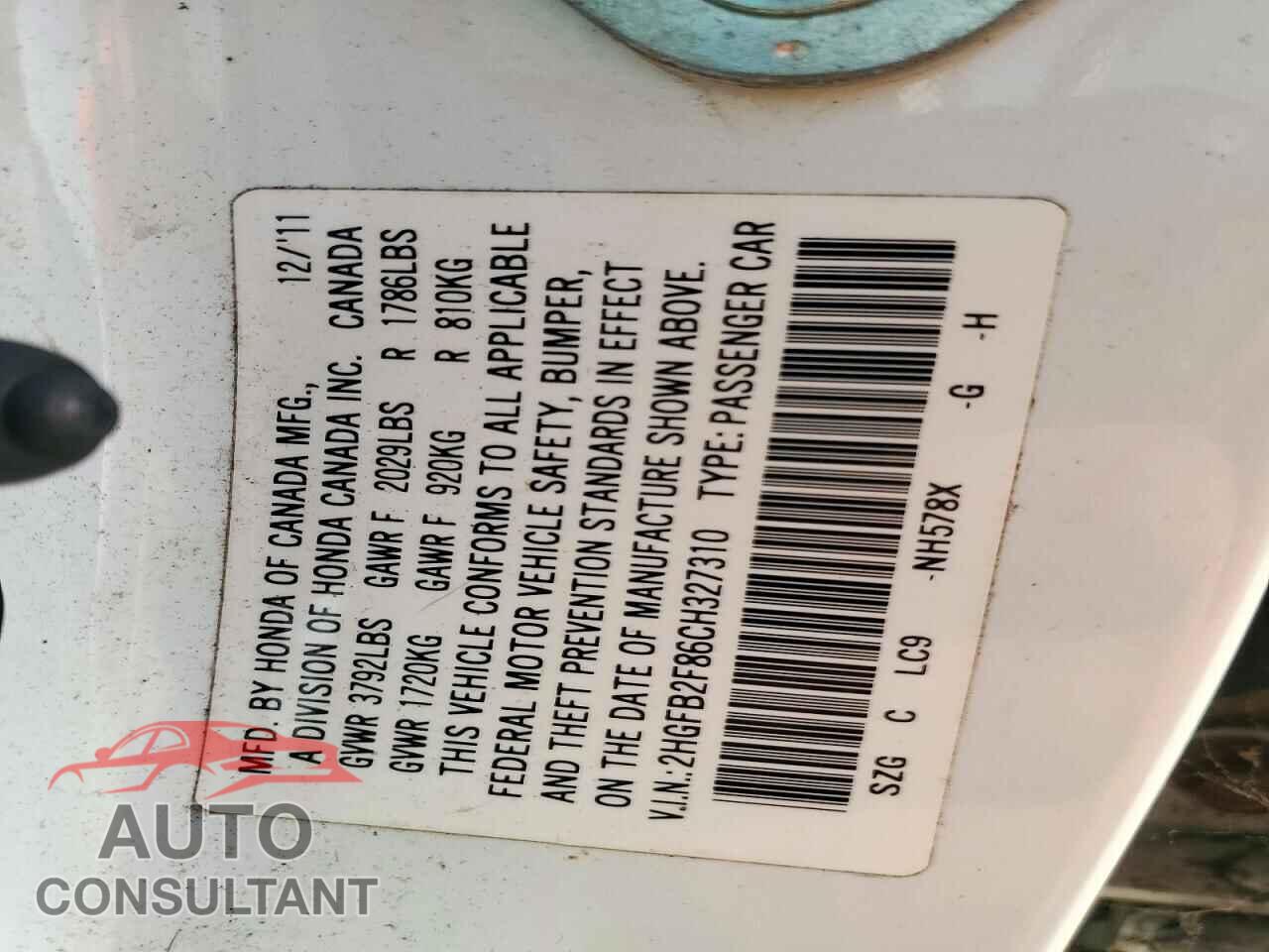 HONDA CIVIC 2012 - 2HGFB2F86CH327310
