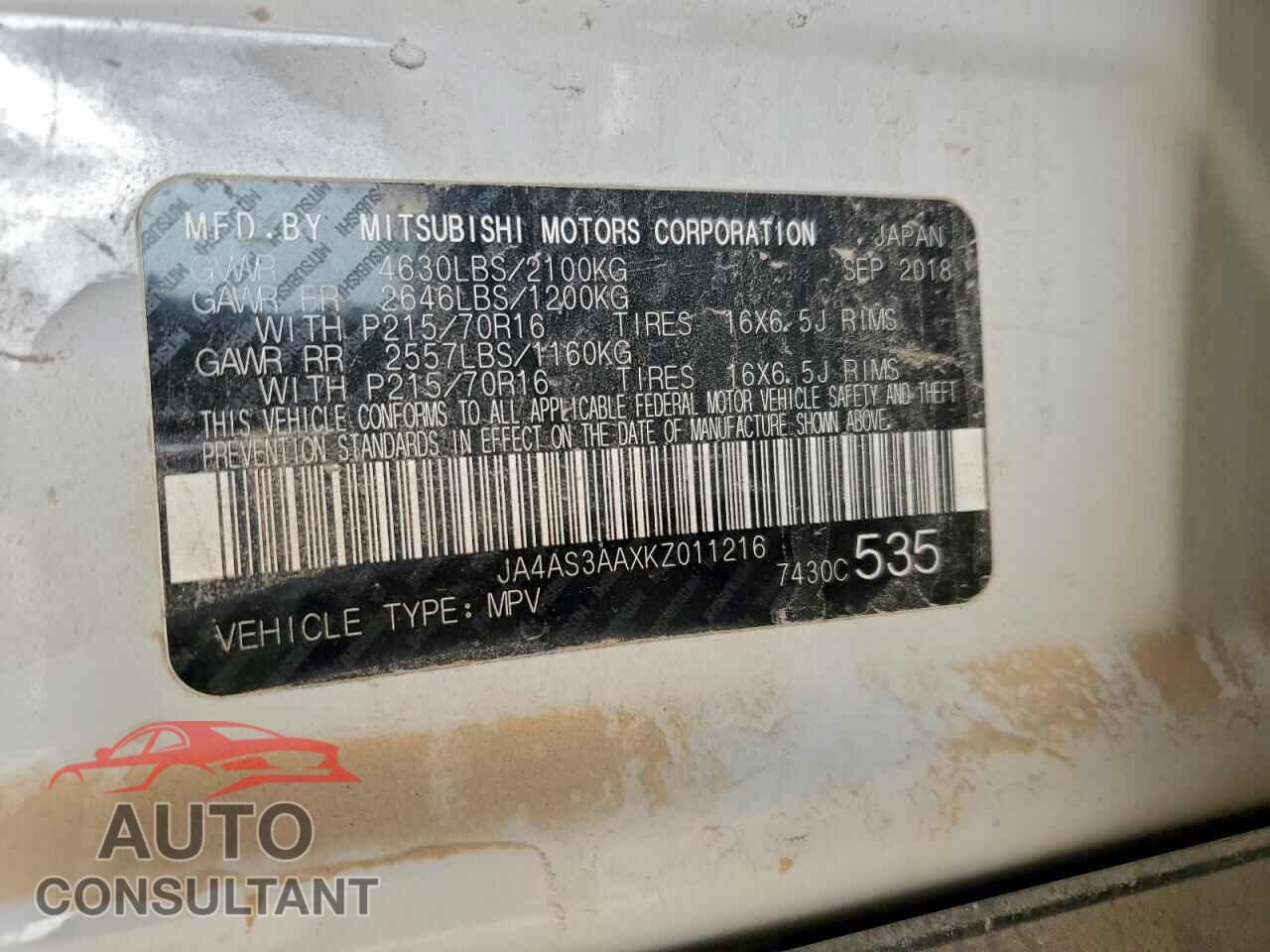 MITSUBISHI ECLIPSE 2019 - JA4AS3AAXKZ011216