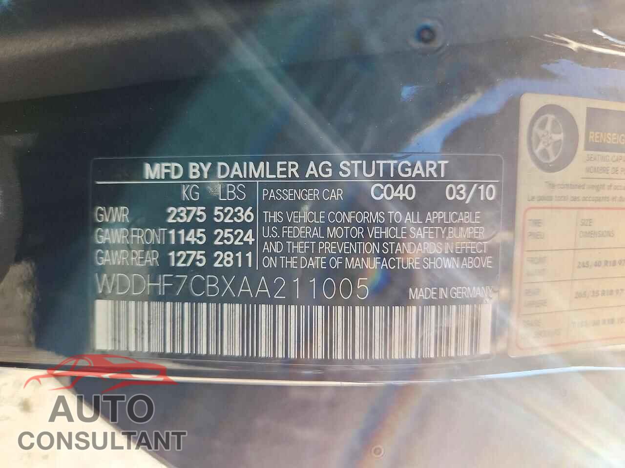 MERCEDES-BENZ E-CLASS 2010 - WDDHF7CBXAA211005