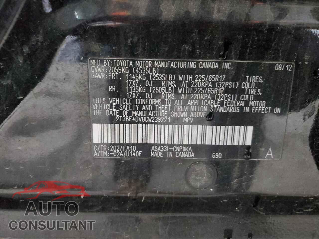 TOYOTA RAV4 2012 - 2T3BF4DV8CW239221