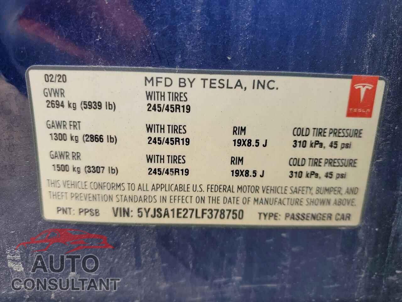 TESLA MODEL S 2020 - 5YJSA1E27LF378750