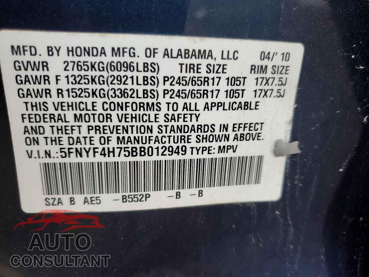 HONDA PILOT 2011 - 5FNYF4H75BB012949