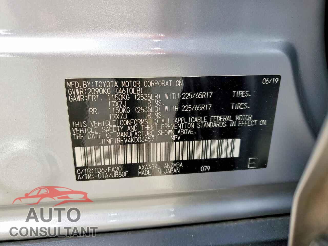 TOYOTA RAV4 2019 - JTMP1RFV4KD034571