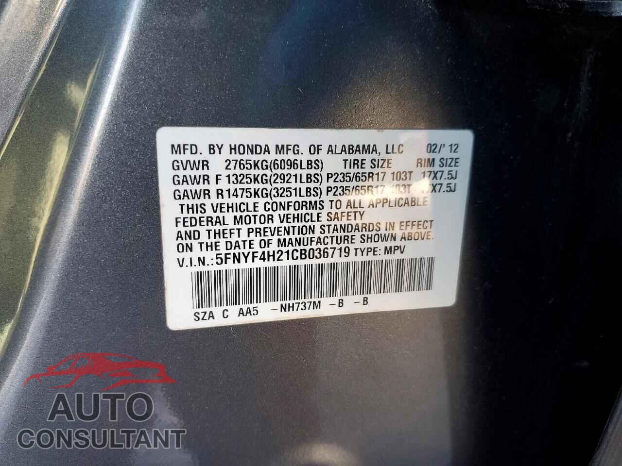 HONDA PILOT 2012 - 5FNYF4H21CB036719