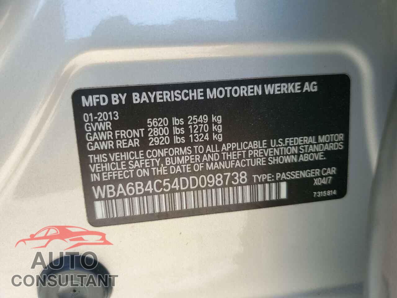 BMW 6 SERIES 2013 - WBA6B4C54DD098738