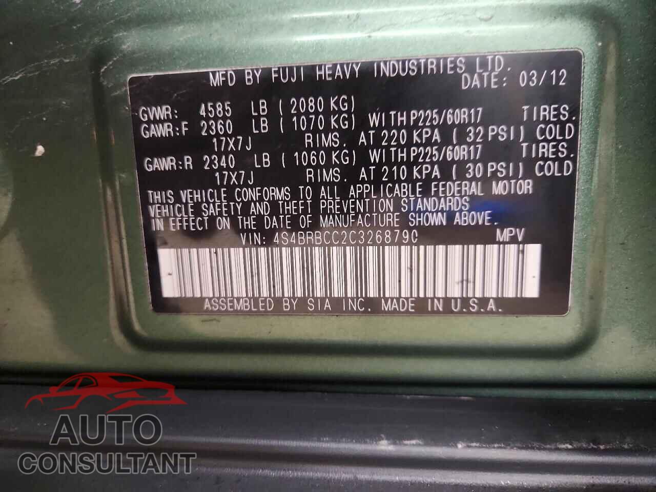 SUBARU OUTBACK 2012 - 4S4BRBCC2C3268790