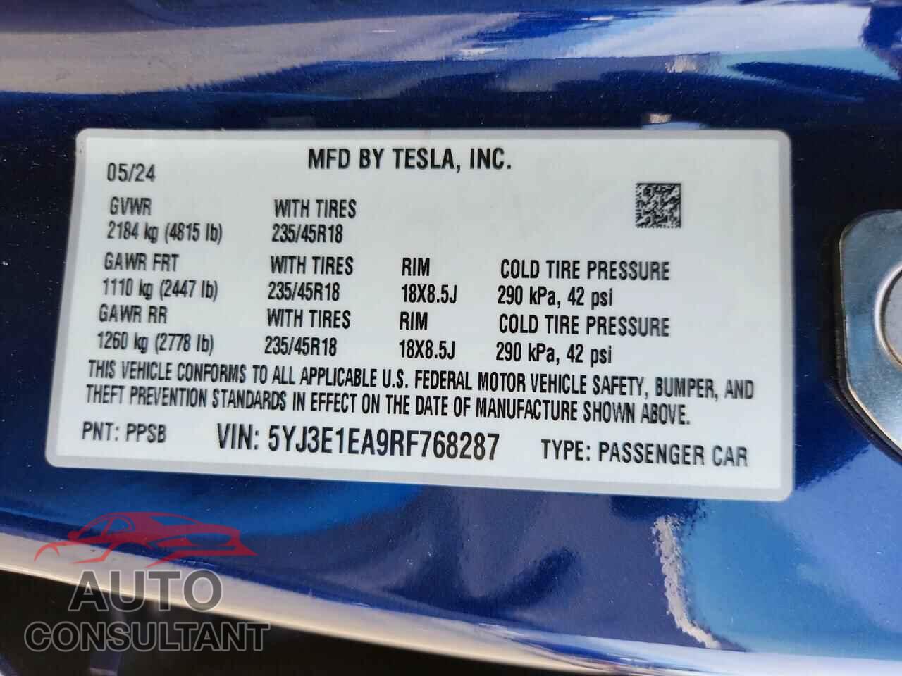 TESLA MODEL 3 2024 - 5YJ3E1EA9RF768287