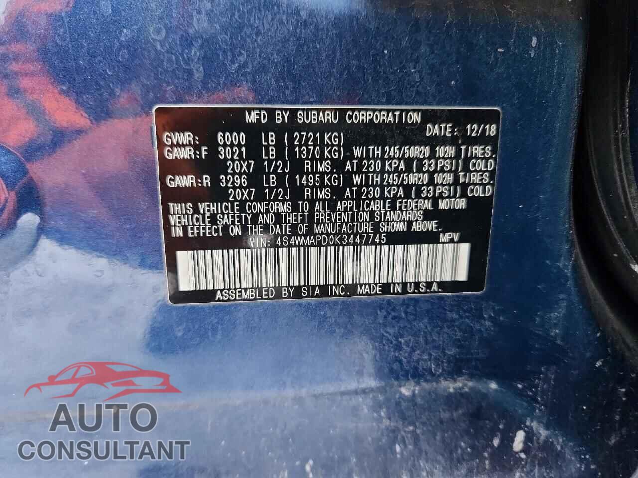 SUBARU ASCENT 2019 - 4S4WMAPD0K3447745