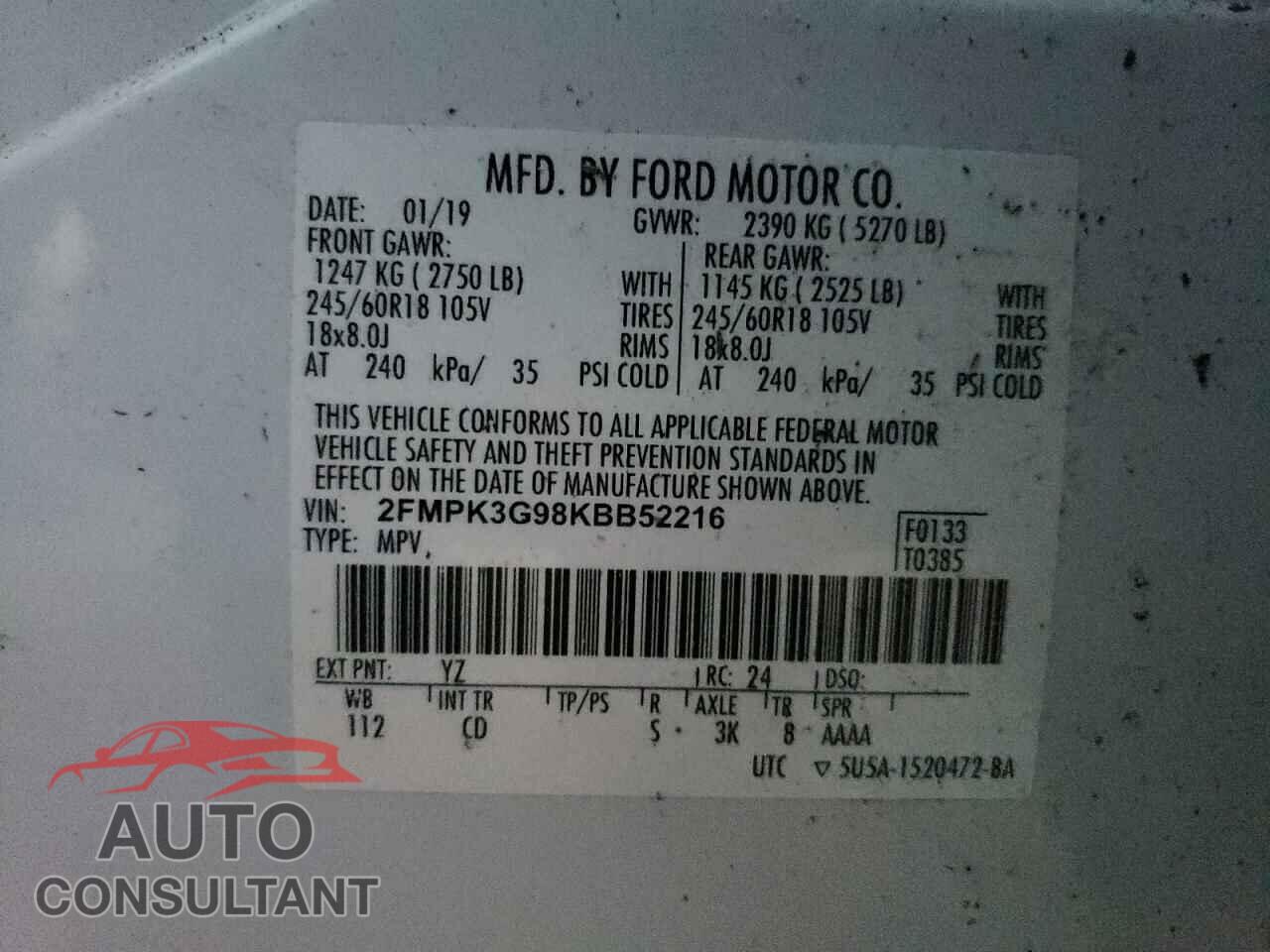 FORD EDGE 2019 - 2FMPK3G98KBB52216
