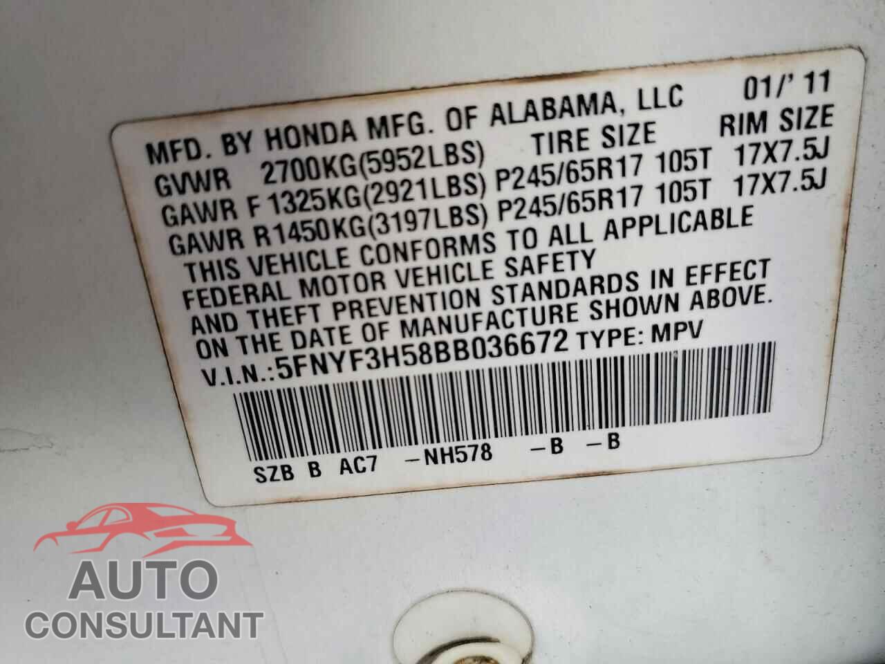 HONDA PILOT 2011 - 5FNYF3H58BB036672