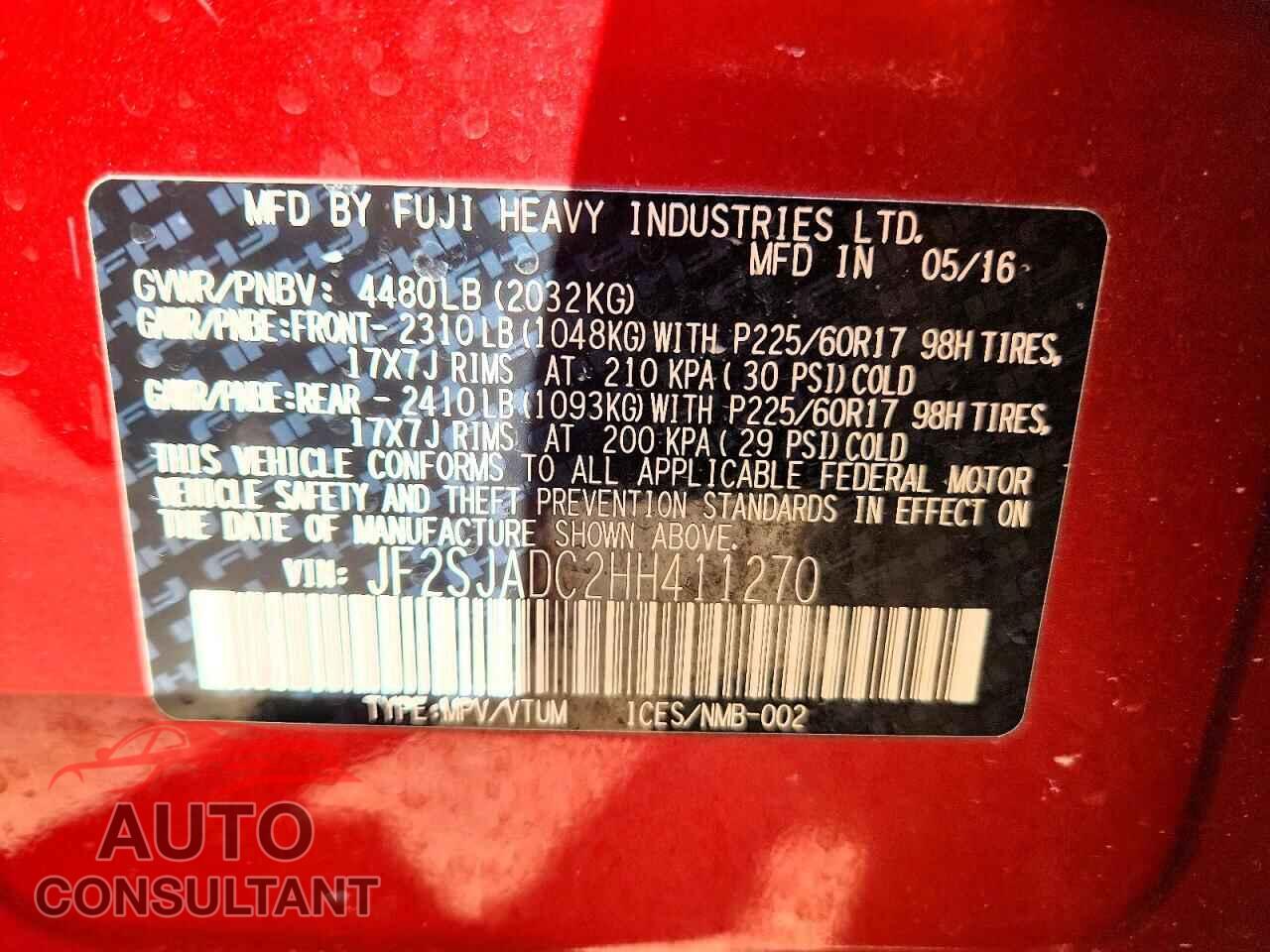 SUBARU FORESTER 2017 - JF2SJADC2HH411270