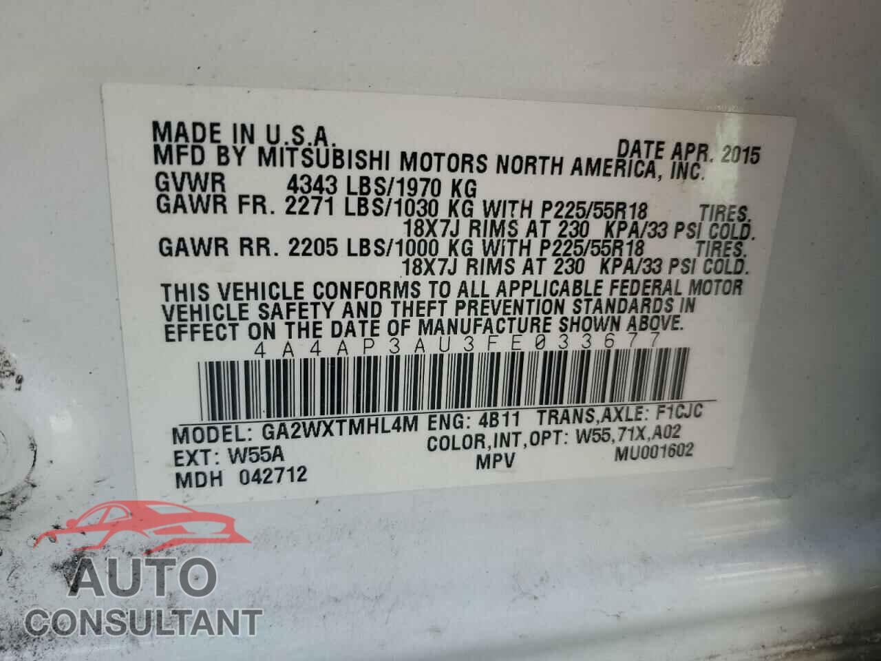 MITSUBISHI OUTLANDER 2015 - 4A4AP3AU3FE033677
